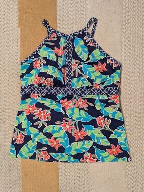 Lands End Navy Blue Tropical Floral Print Tankini Swimsuit Swim Tank 14